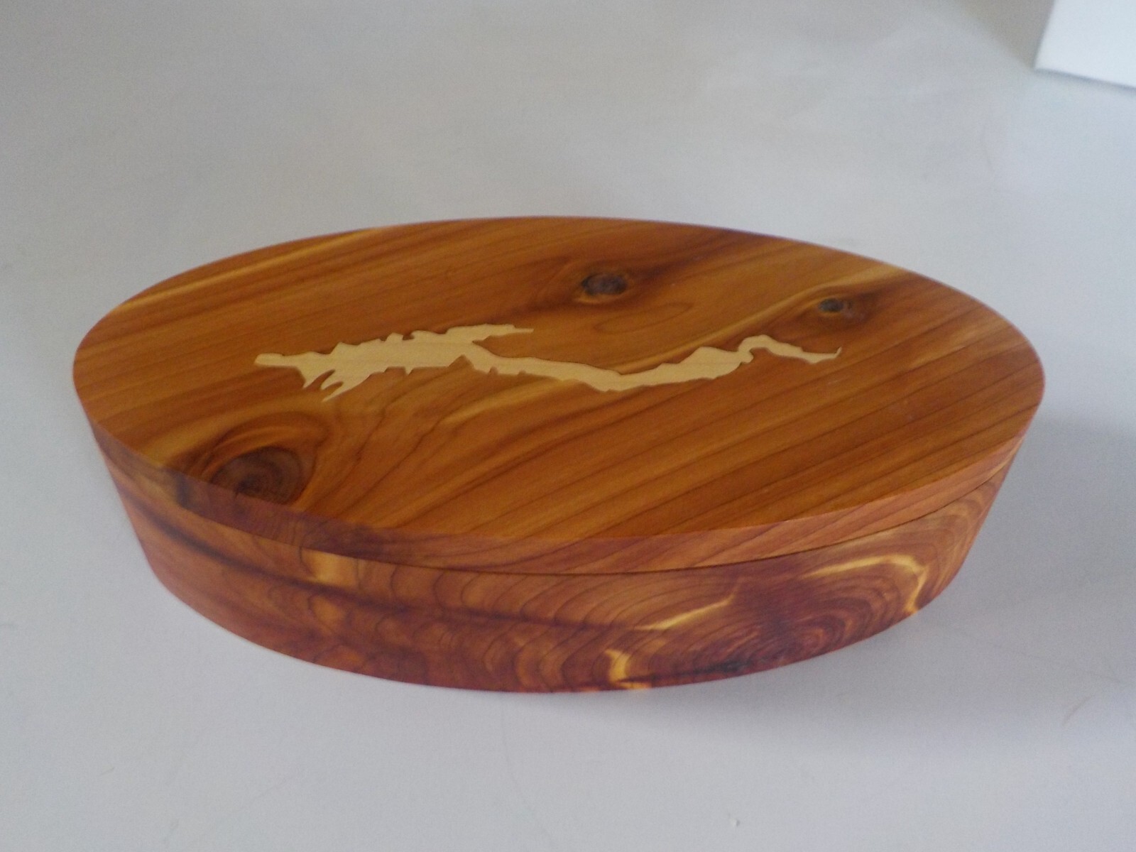 Hand-crafted Cedar trinket box Shape of Lake George inlay Beautiful Workmanship