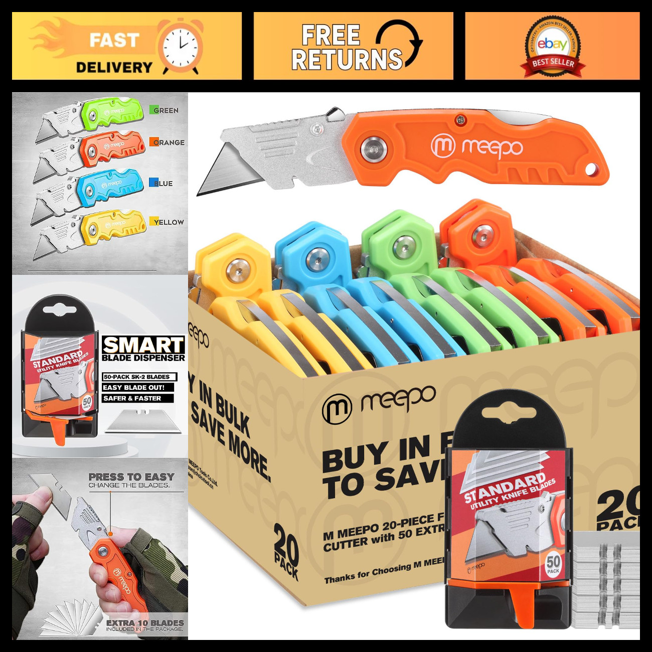 20-Pack Box Cutter, Bulk Folding Utility Knife w/ 50 pcs Blade