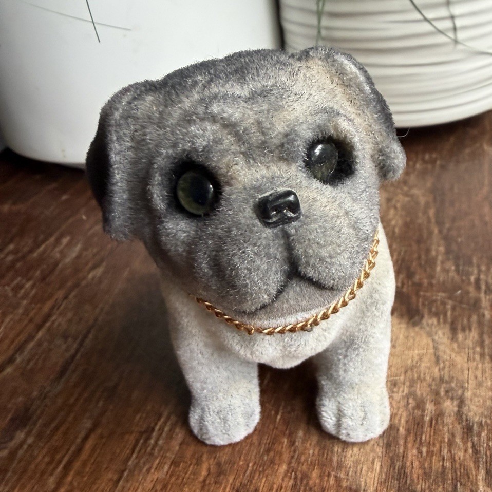 Vintage Gray Flocked Pug Bobblehead Figurine Fuzzy Nodder Gold Chain Japan