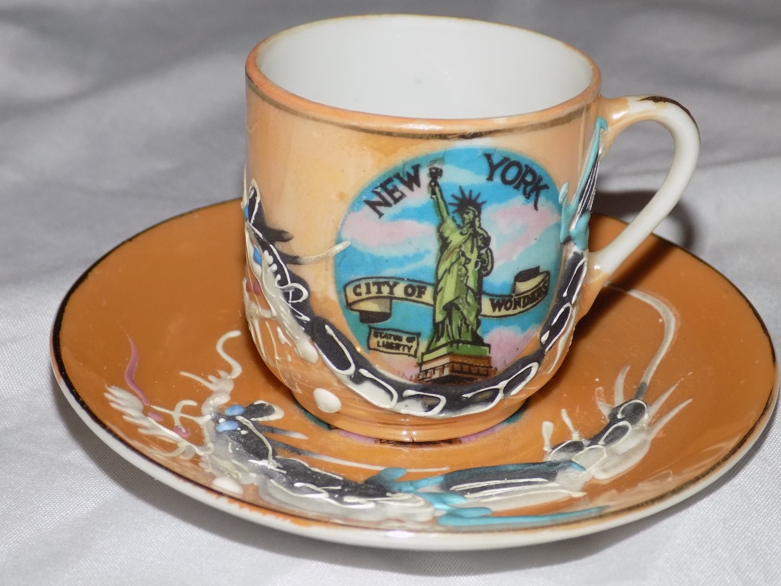 Vintage New York City Dragonware Souvenir Cup & Saucer Set Lithophane Geisha