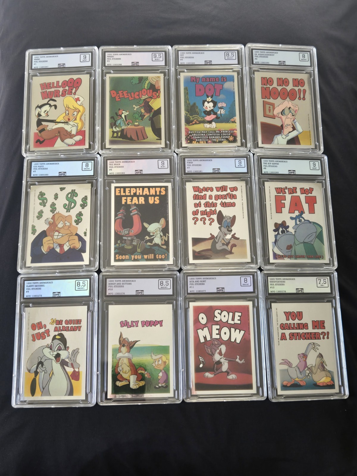 MPE Graded 1994 Animaniacs Foil Sticker Card Insert Set 1-12 High Grade Rare PSA