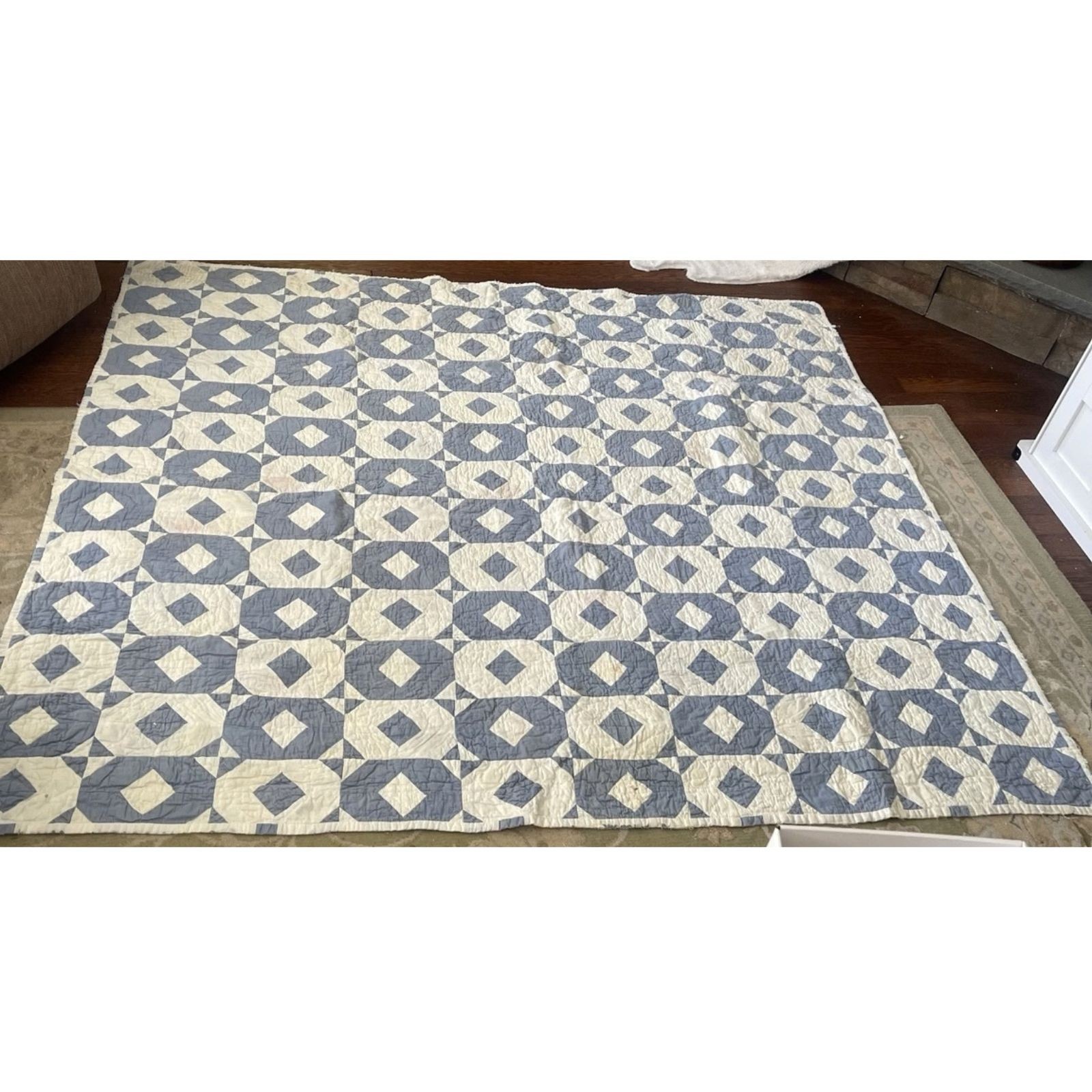 Antique 19th C Blue White Snowball Quilt Hand Quilted c1880-1900 58x66