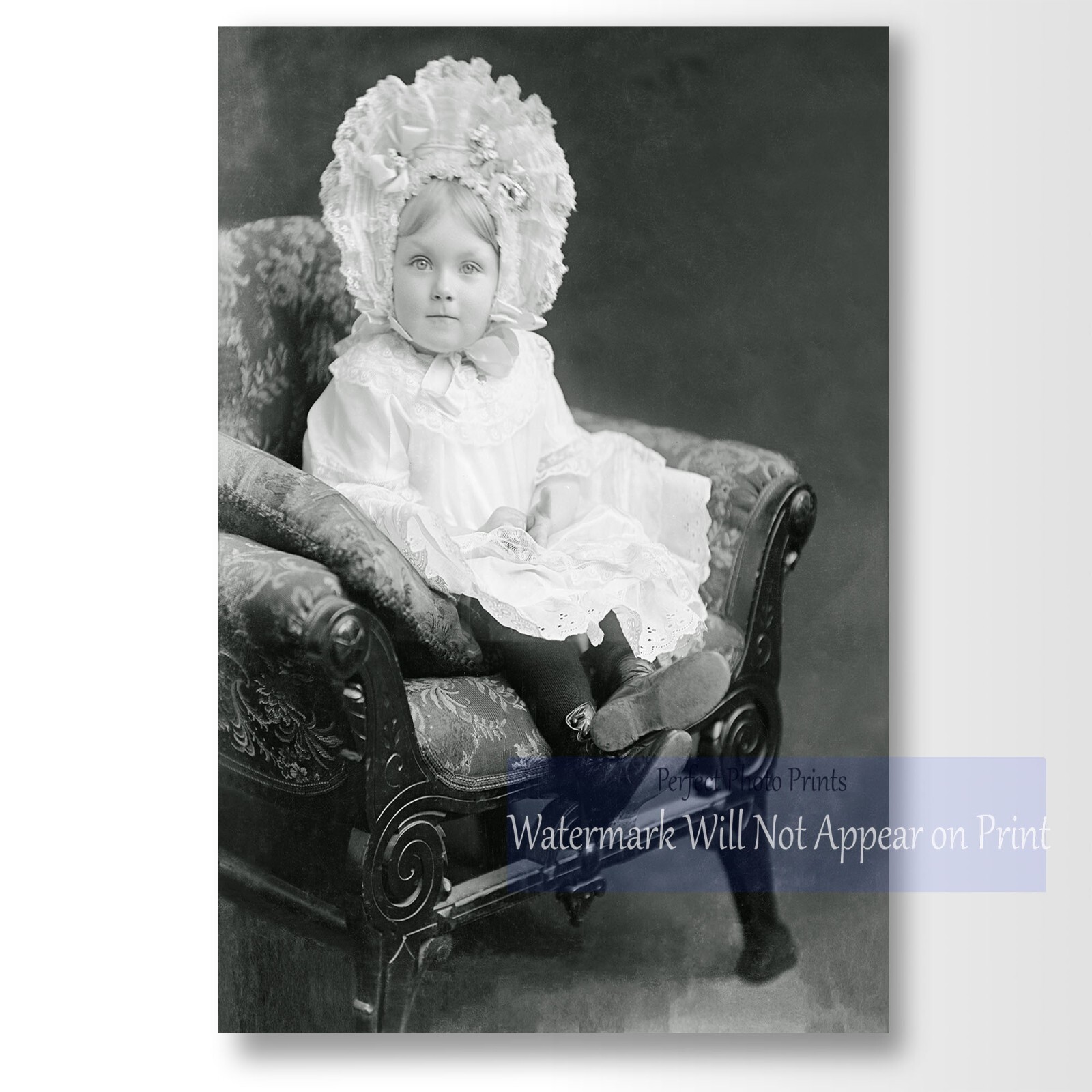 Antique Victorian Era Studio Portrait of Young Girl in Bonnet Photo Print