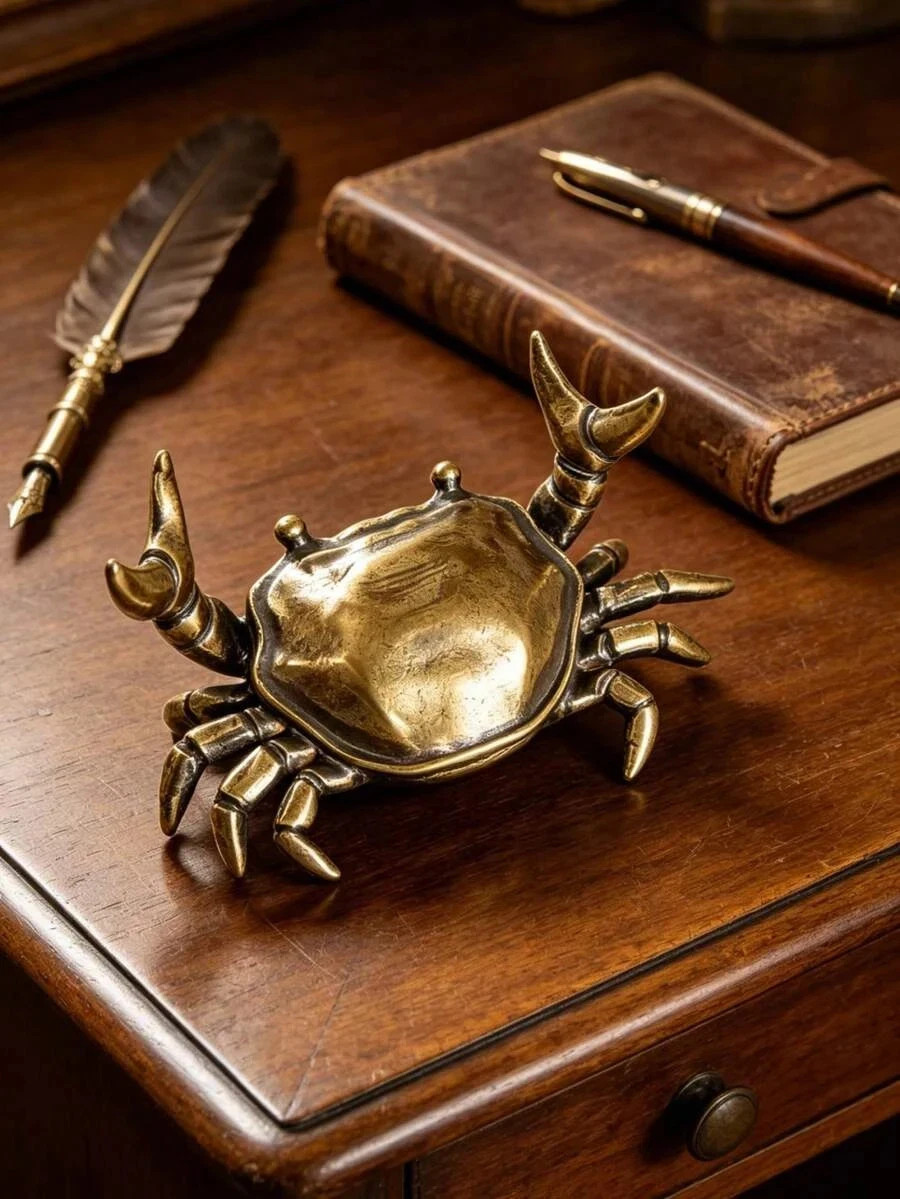 1pc Vintage Brass Crab Figurine Desk Decor Rustic Metal Ornament Pen Holder Gift