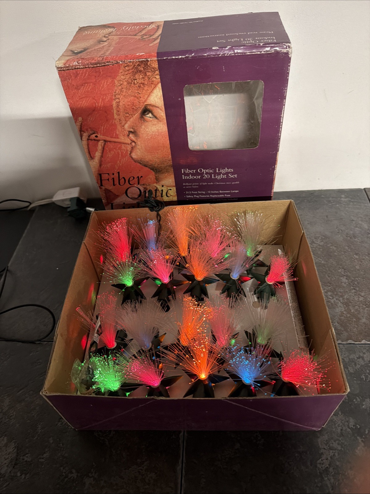 Vintage CHRISTMAS TREE FIBER OPTIC STRING LIGHTS 20 Lights
