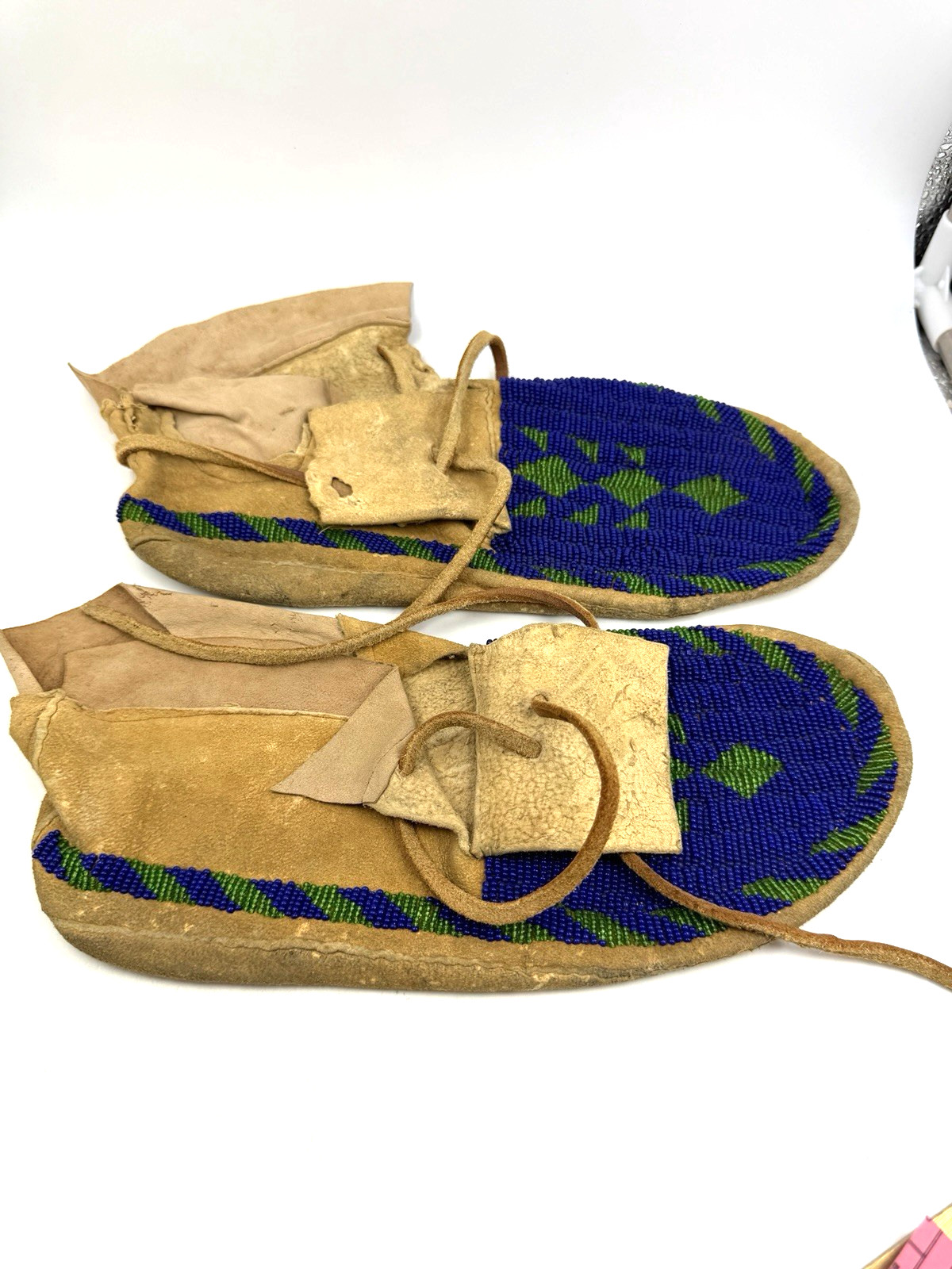 Antique Native American Beaded Moccasins Shoes Adult Blue Green