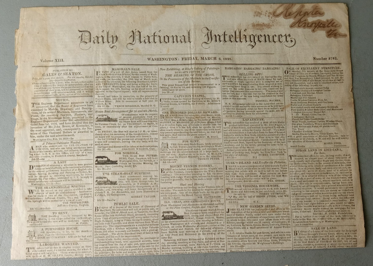 RARE 1825 Inauguration Newspaper National Intelligencer John Quincy Adams JQA