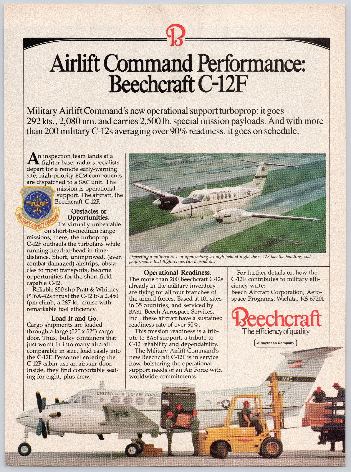 Beechcraft C-12F Vintage Military Airlift Command Print Ad 1984