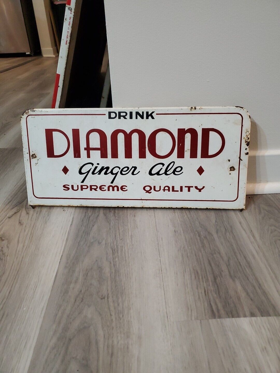 c.1950s Original Vintage Drink Diamond Ginger Ale Sign Metal Rack Topper Supreme