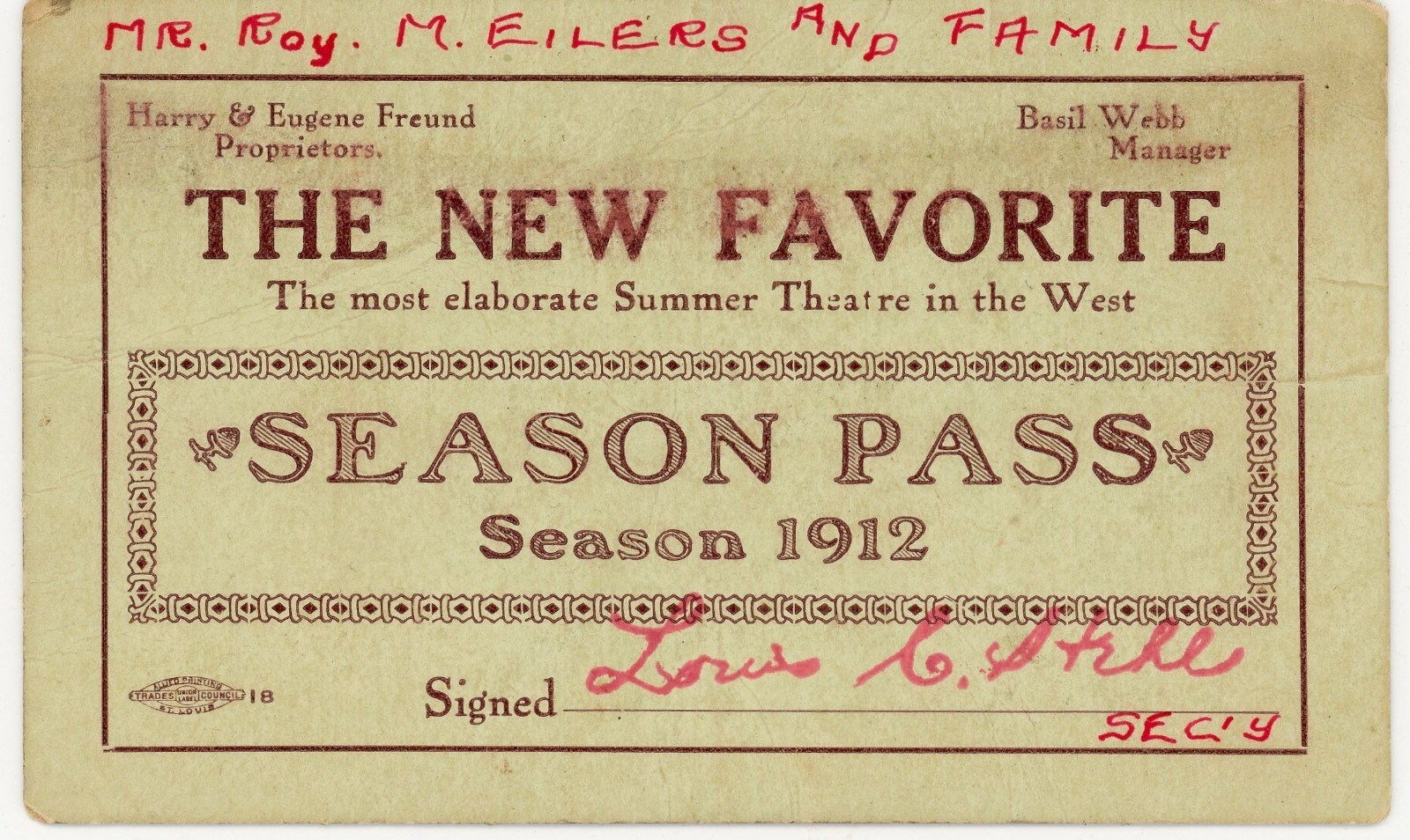 1912 “The New Favorite” Theatre Season Pass – St. Louis / Freund & Webb