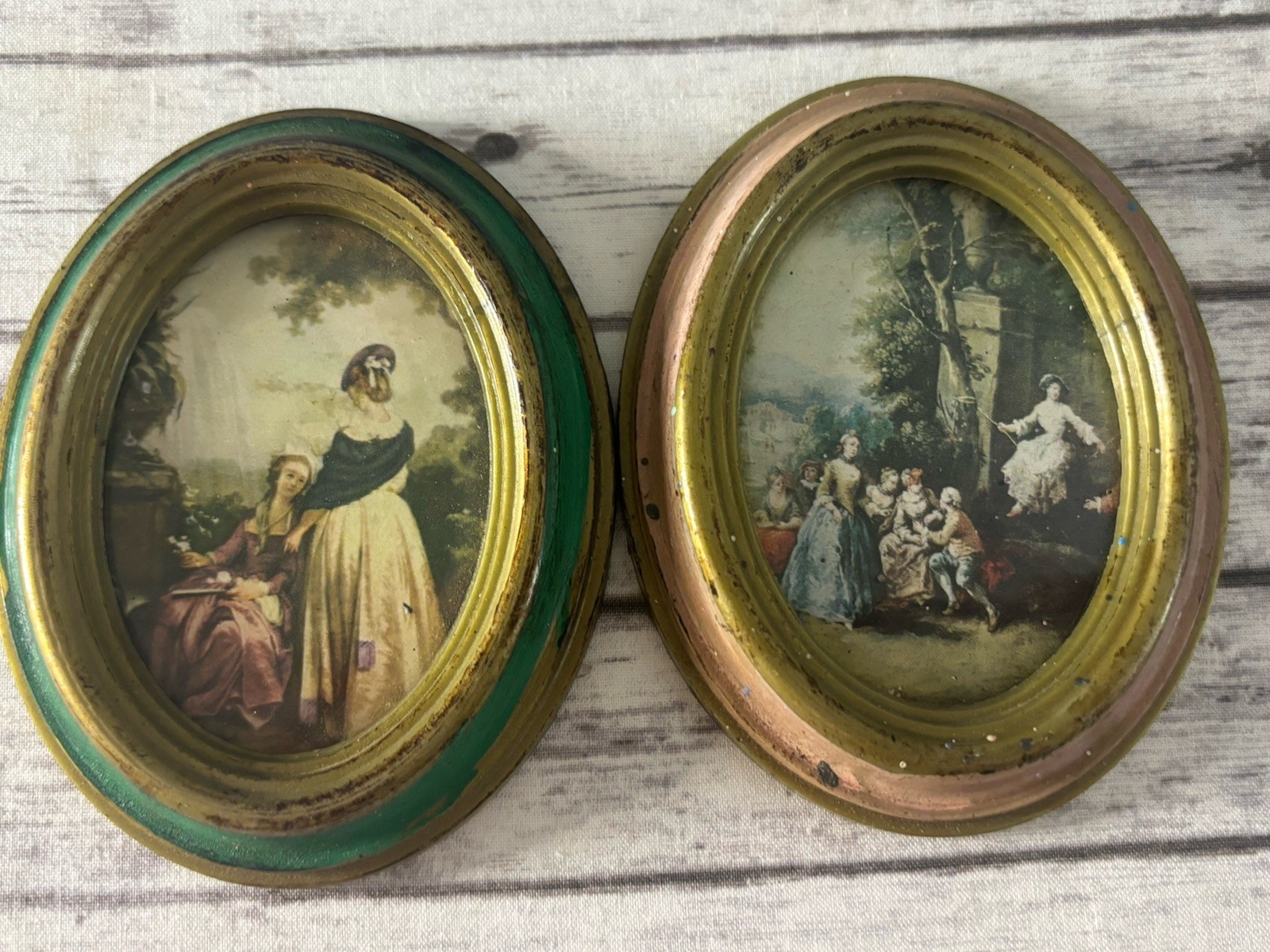VTG Pair Italian Art Print Oval Frame Action Pink Green Handcraft Italy Florence