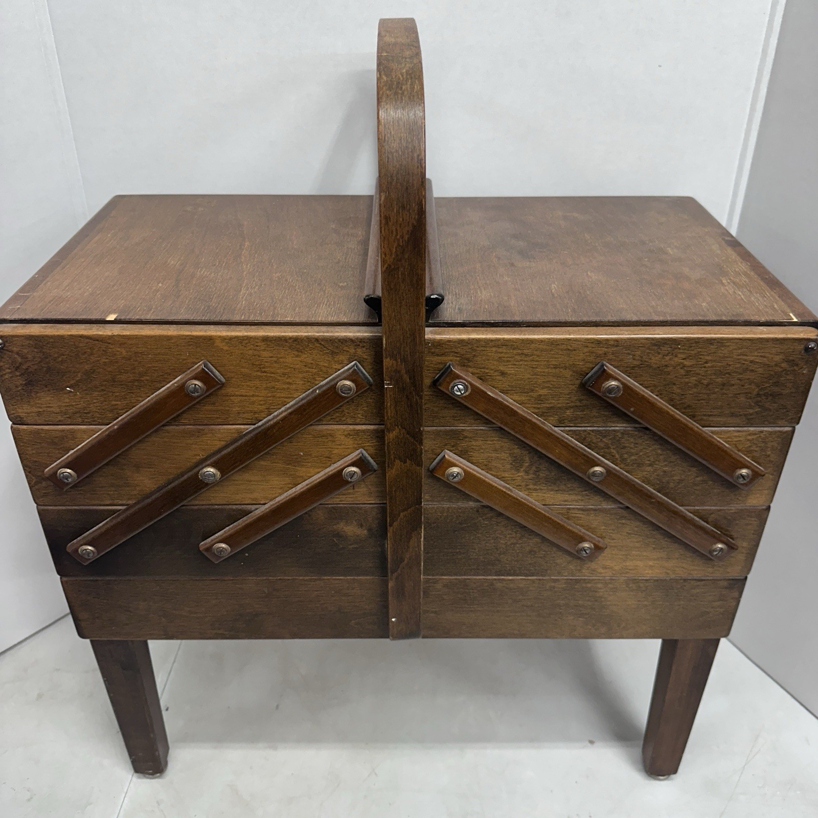 Vtg Strommen Bruk Hamar Accordian Wood Sewing Basket Storage Chest w/ Supplies