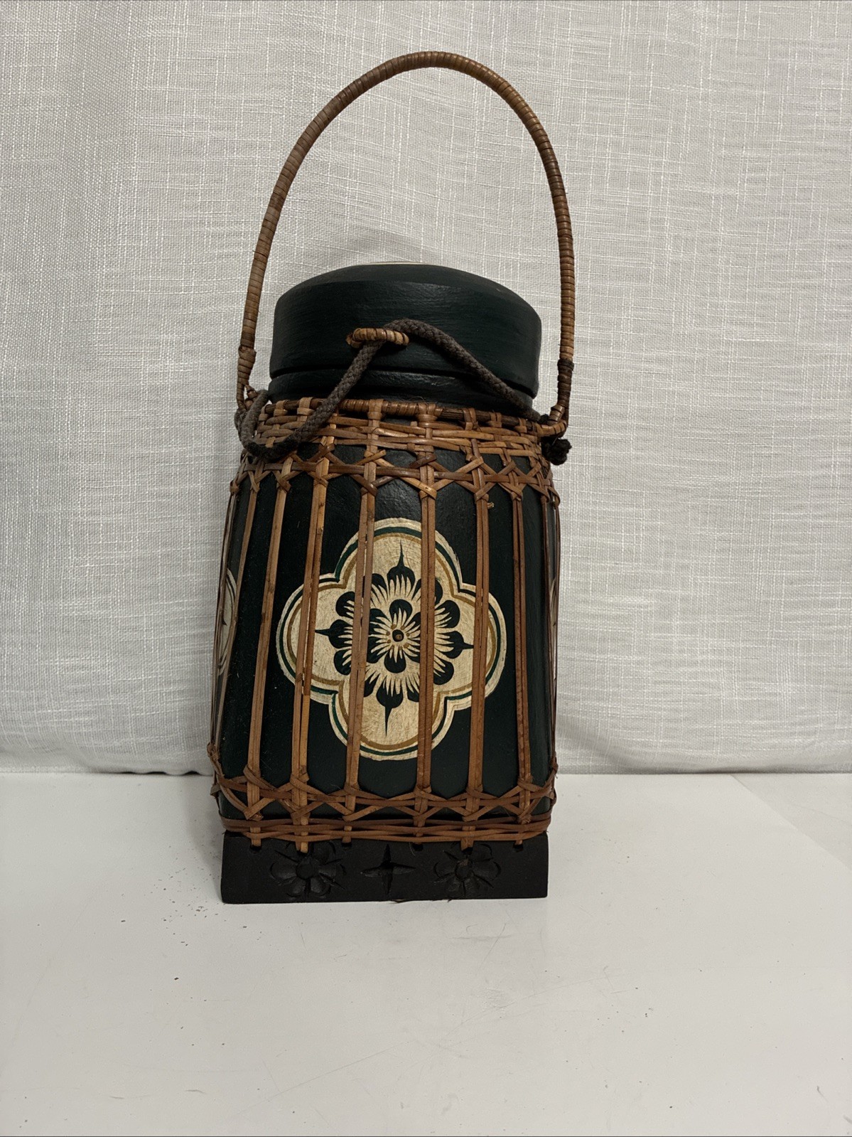 Vintage Thai Rice Basket /Wooden Jar/Canister w/Woven Rattan Wrap & Handle Green