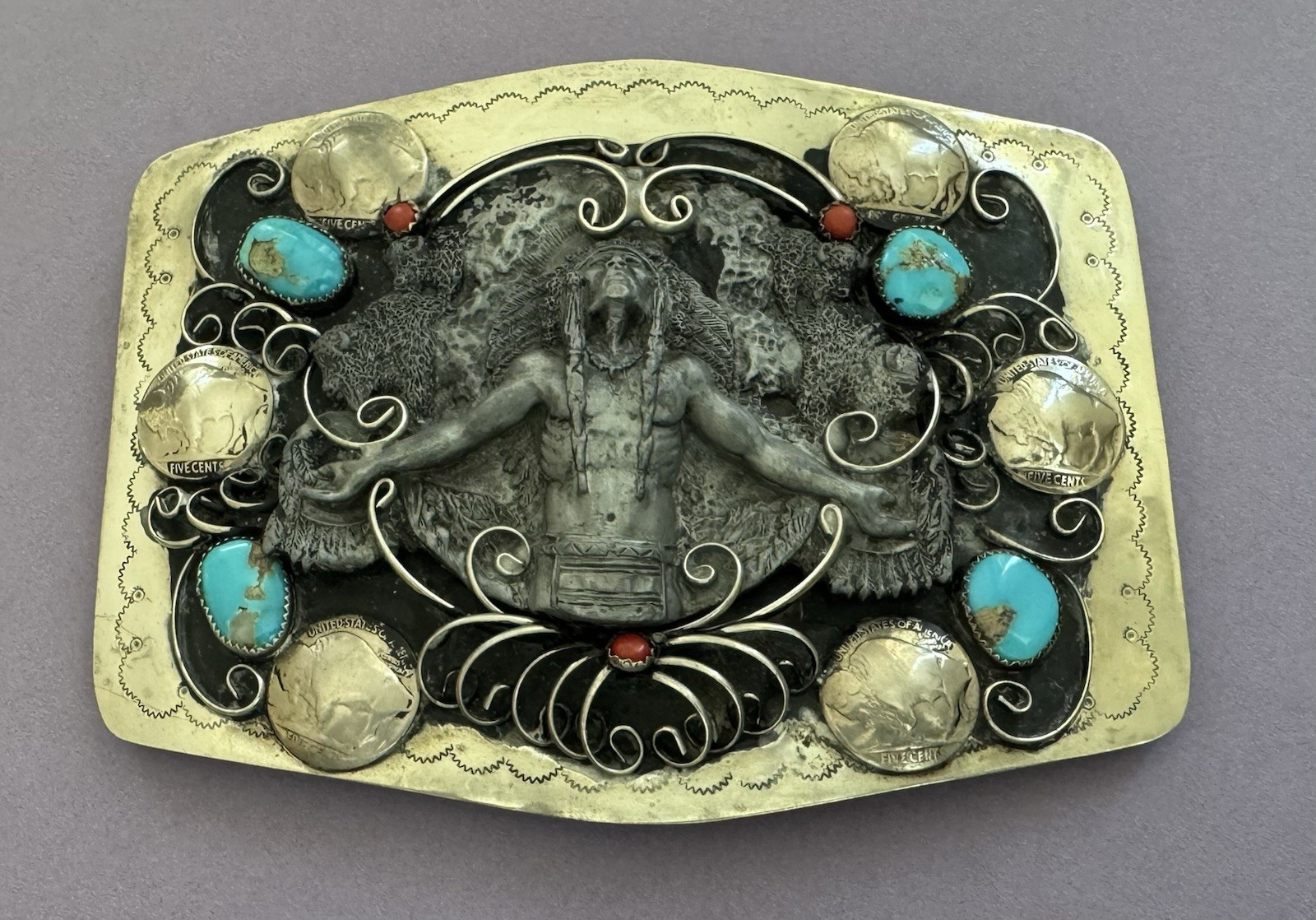 Vintage HUGE Native American Great Spirit Turquoise Buffalo Nickels Belt Buckle