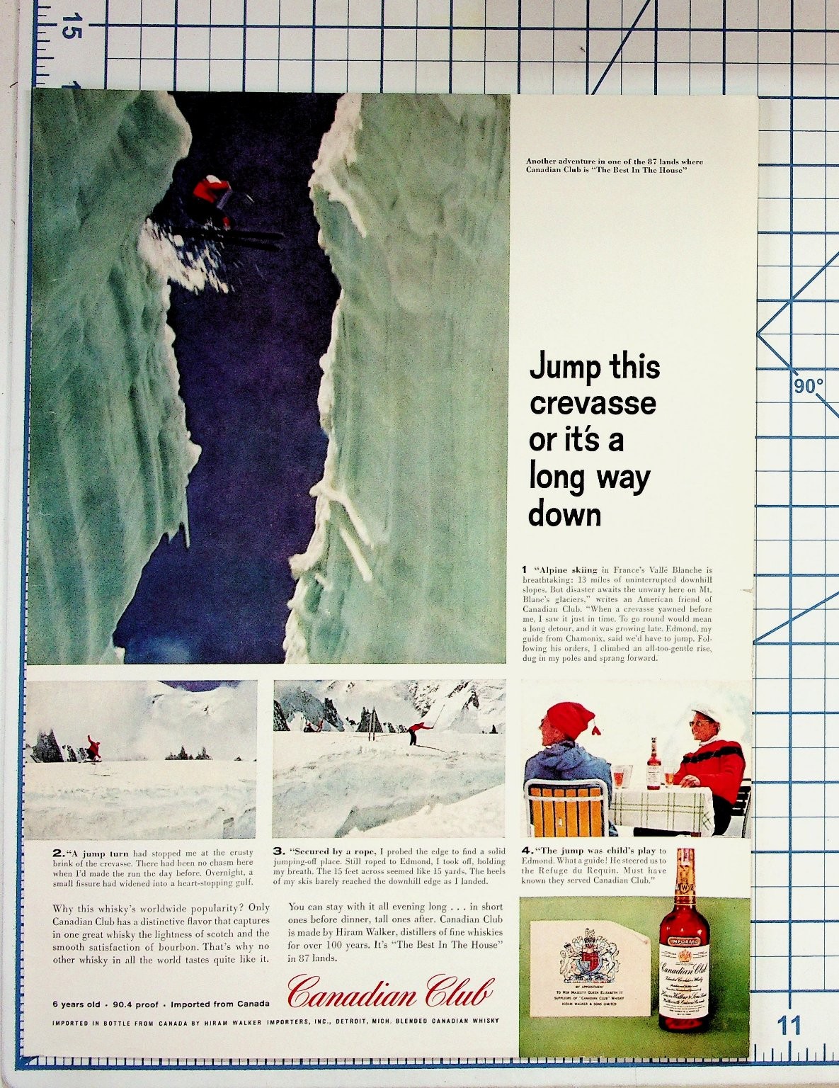 Vintage Canadian Club Whisky Ad Skiing Crevasse Valle Blanche France Ephemera