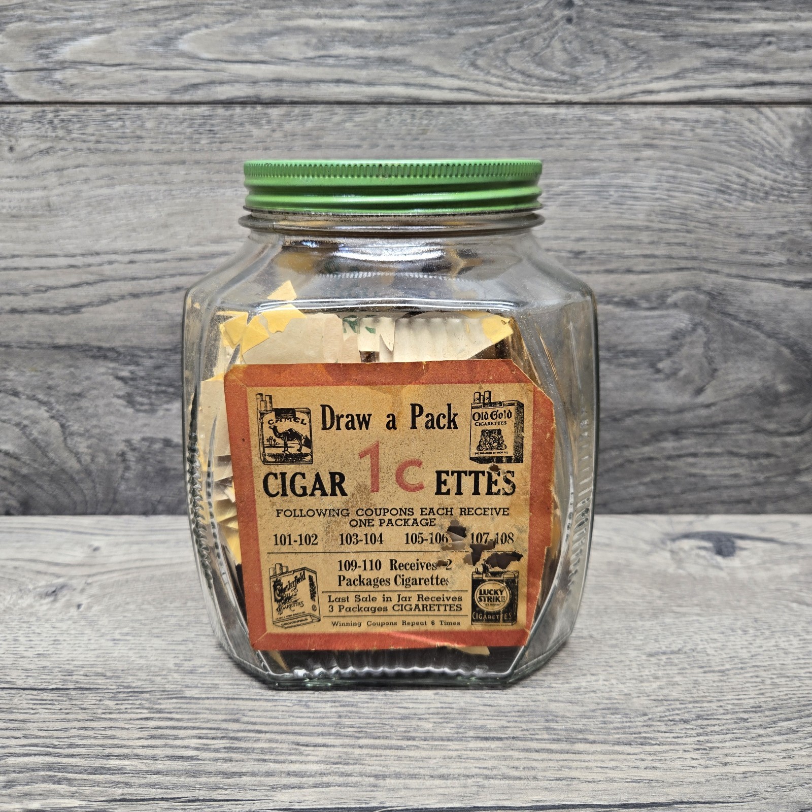Antique 1930 1-Cent Cigarettes Tobacco Glass JAR Tin Lid Camel Lucky Strike Rare