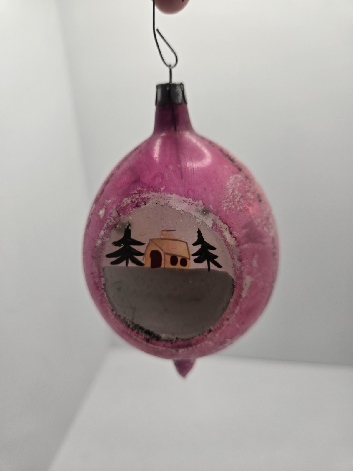 Vintage Teardrop Triple Indent Painted Cabin Poland Glass Christmas Ornament