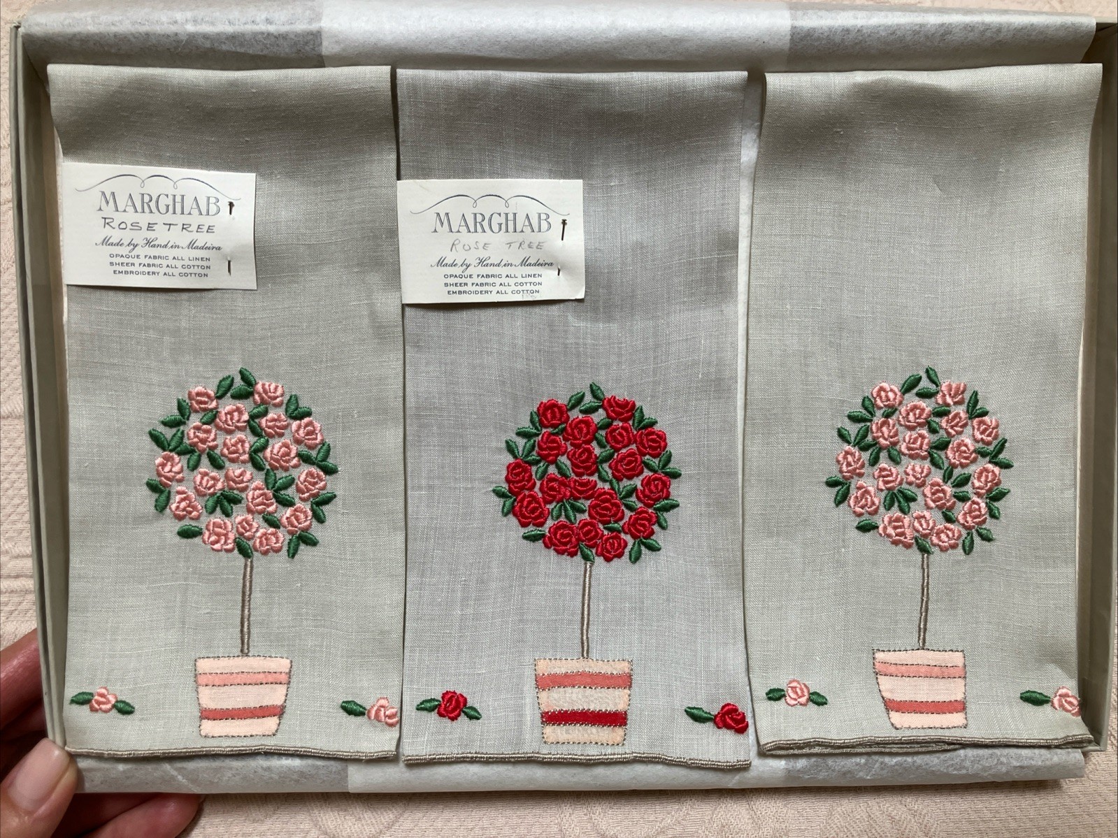 Vintage Marghab Box Set 3 “Rose Tree” Opaque Linen Napkins UNUSED