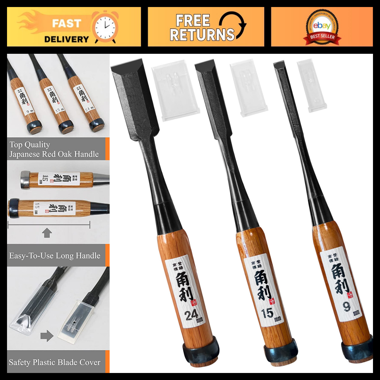 3-Piece Japanese Wood Chisel Set for Woodworking - Long Handle, Precision Tools