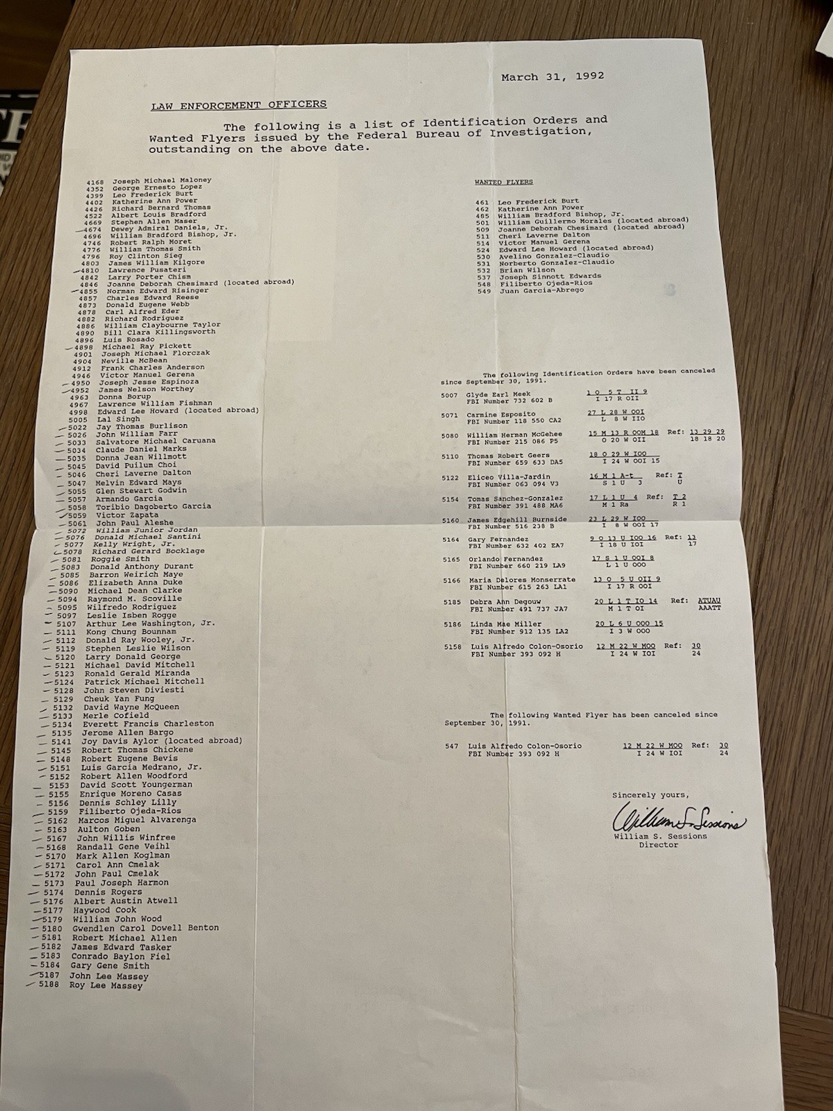 Wanted By FBI Identification Orders, ORIGINAL, 1992