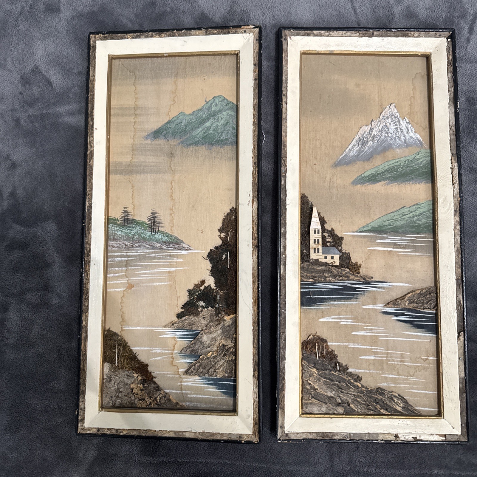 Vintage Japan 3D Bark Moss Landscape Wall Art Mountain Lake Pair MCM
