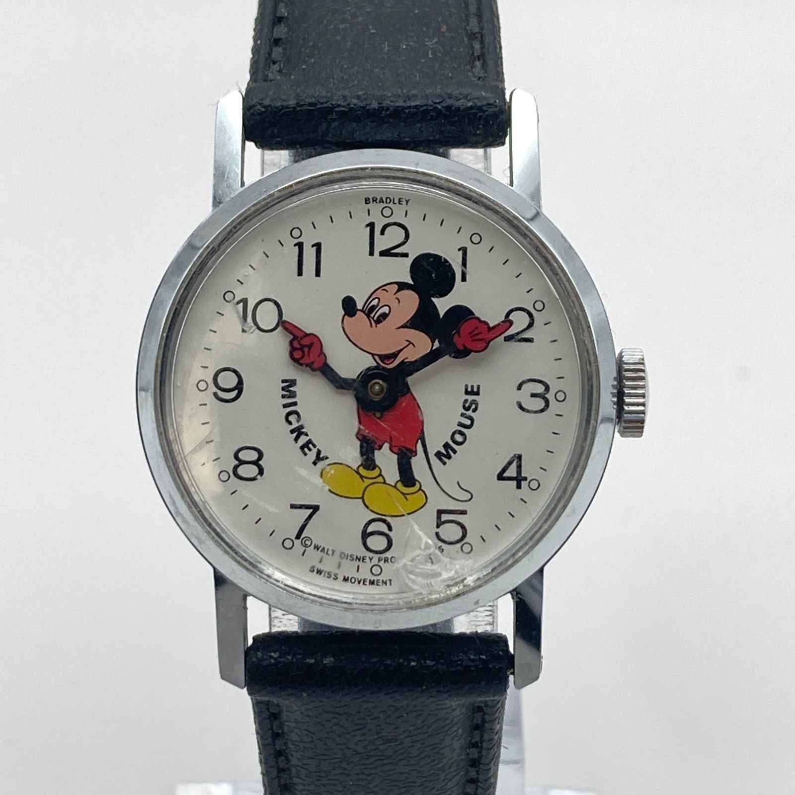 Vintage Bradley Mickey Mouse Watch Silver Tone CRACKED CRYSTAL Manual Wind Up