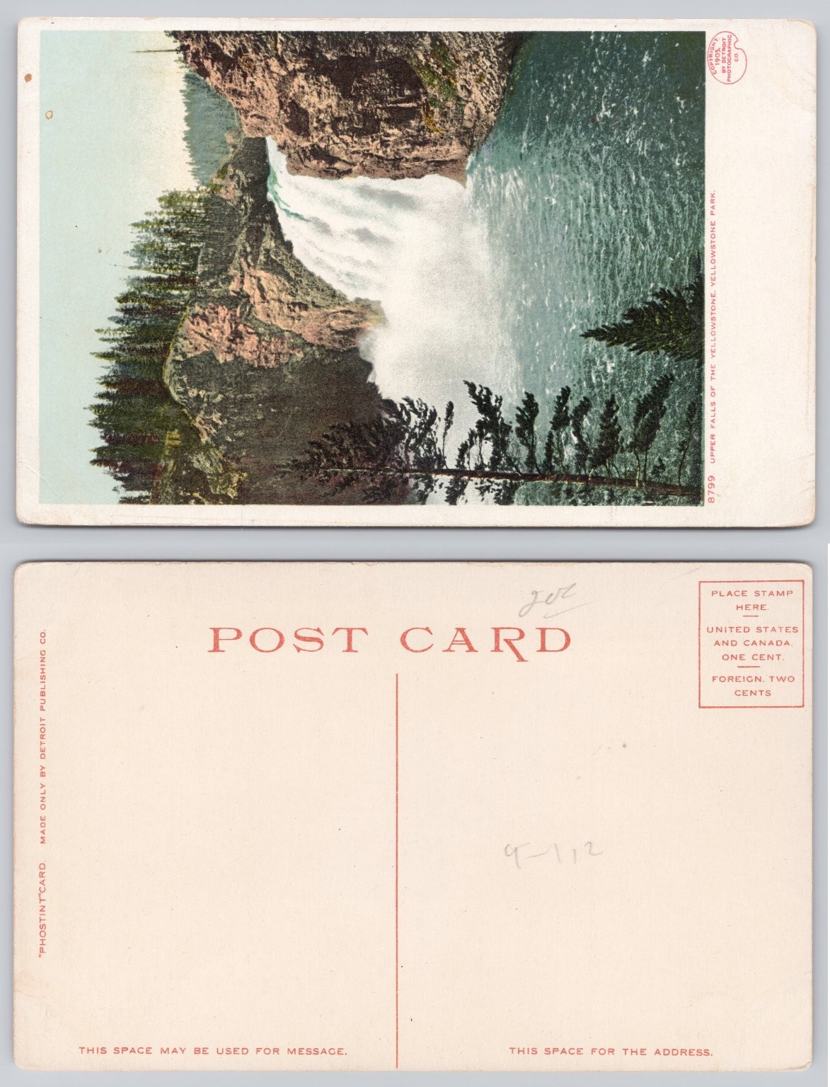 PHOSTINT Postcard Upper Falls Yellowstone Park Detroit Publishing Co. c. 1910