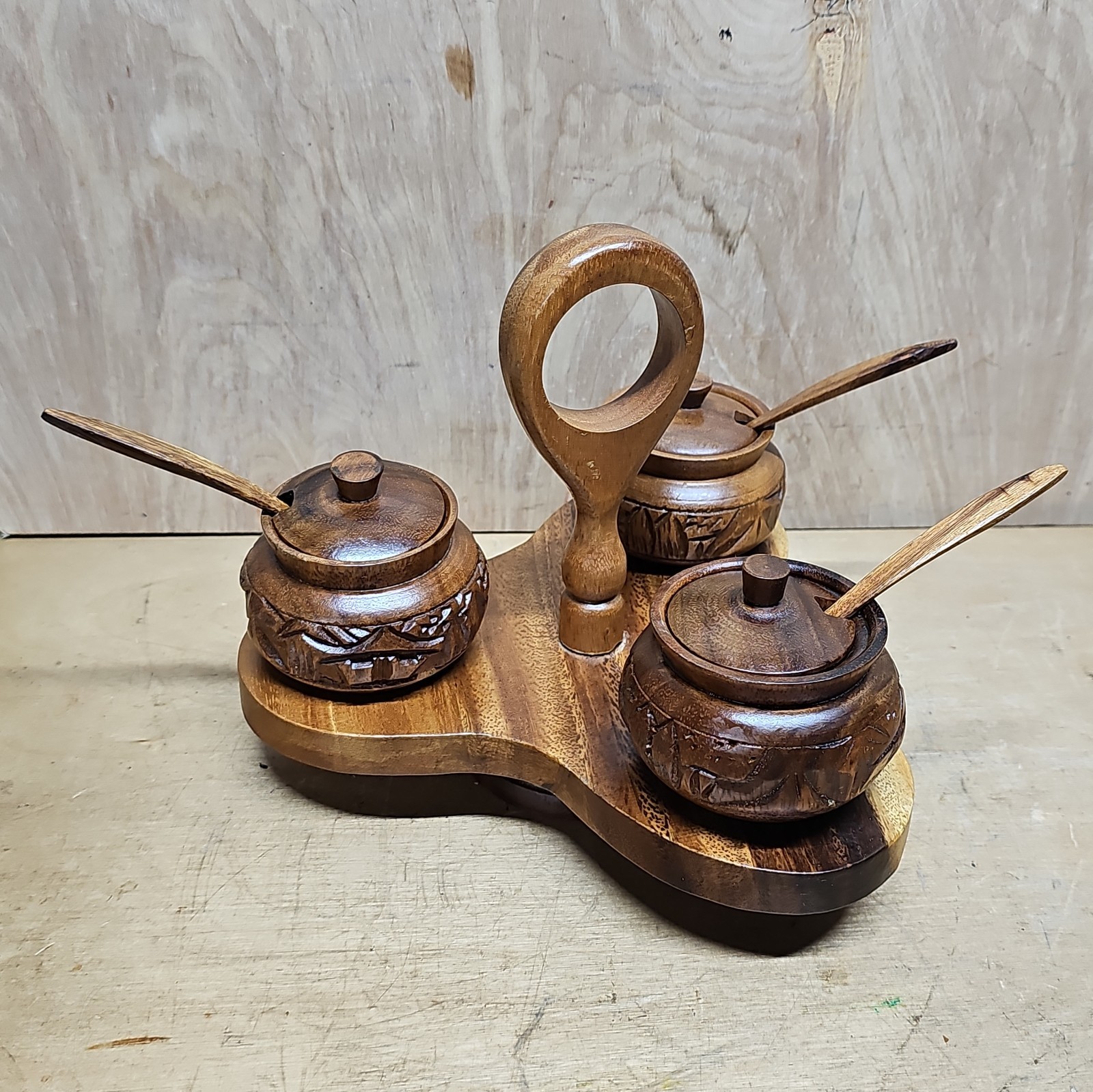 VTG MCM Monkey Pod Wood Lazy Susan Condiment Server 3 Pots Spoons Lids Complete