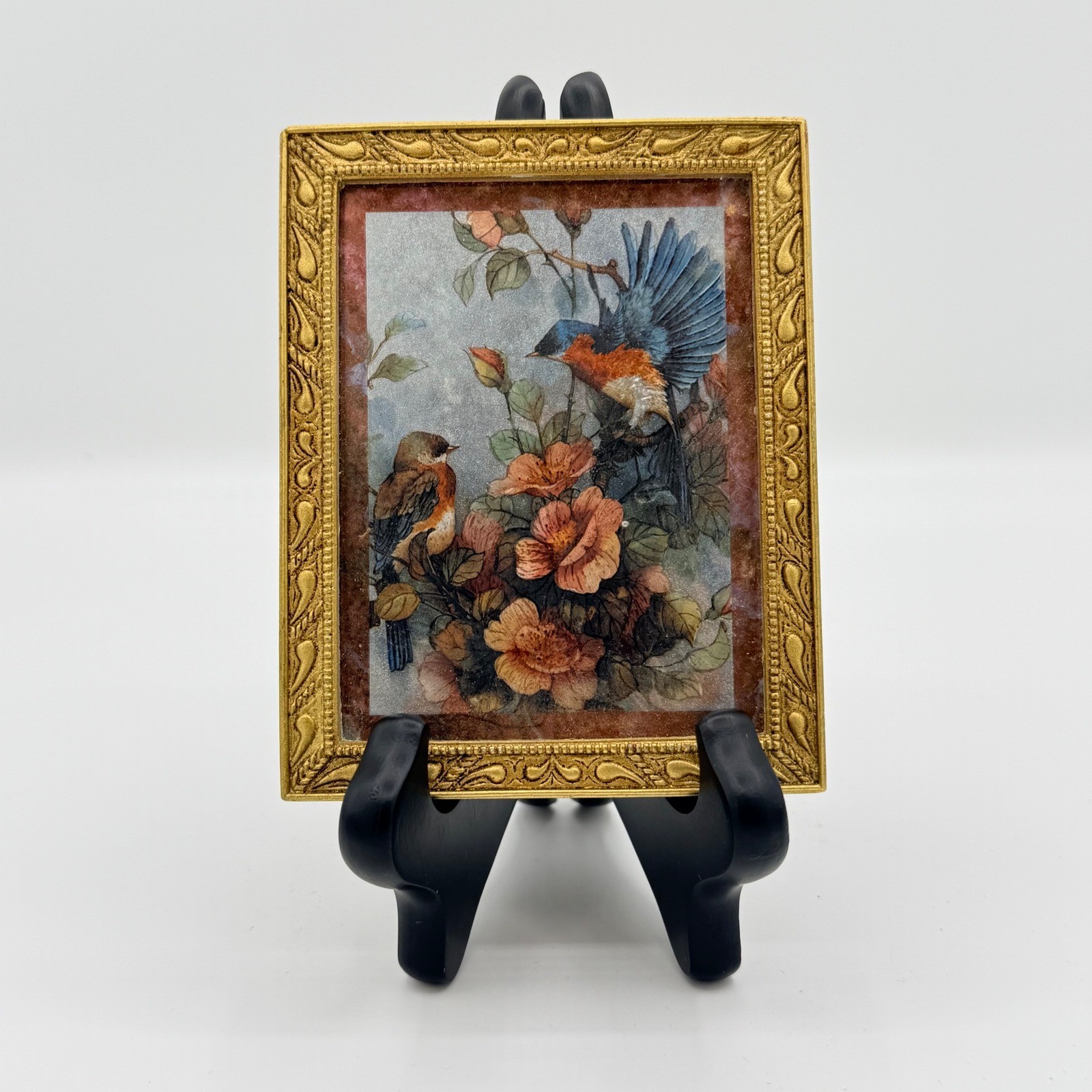 Vintage Enesco Framed Bird Floral Print Made in Mexico Cottage Decor 4.5\