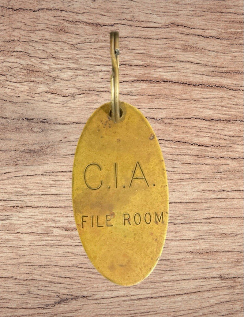RARE C.I.A. File Room Gold Tone Engraved Vintage Brass Keychain