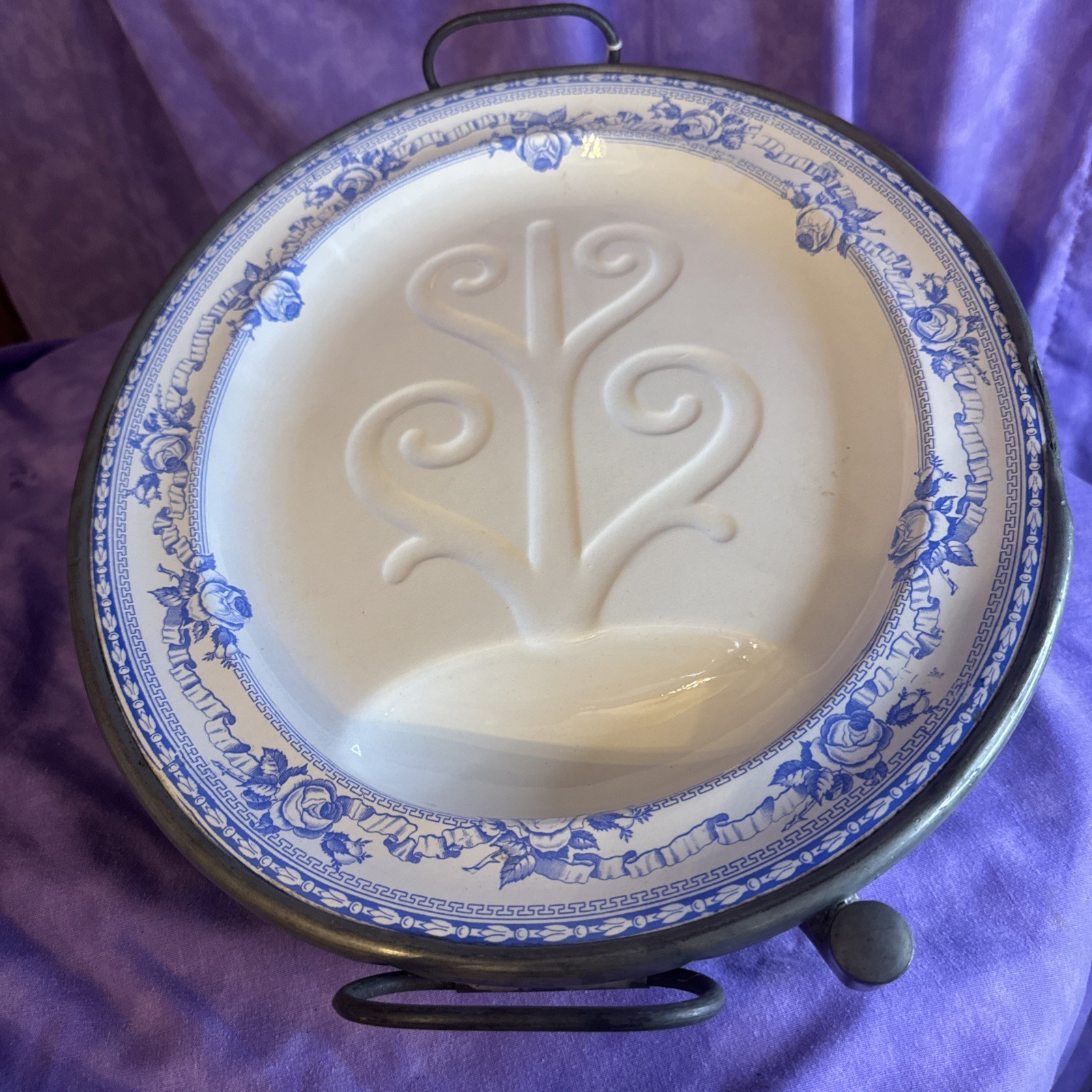 Antique Victorian Blue/White Transferware Hot Water Meat Platter Venison Warmer