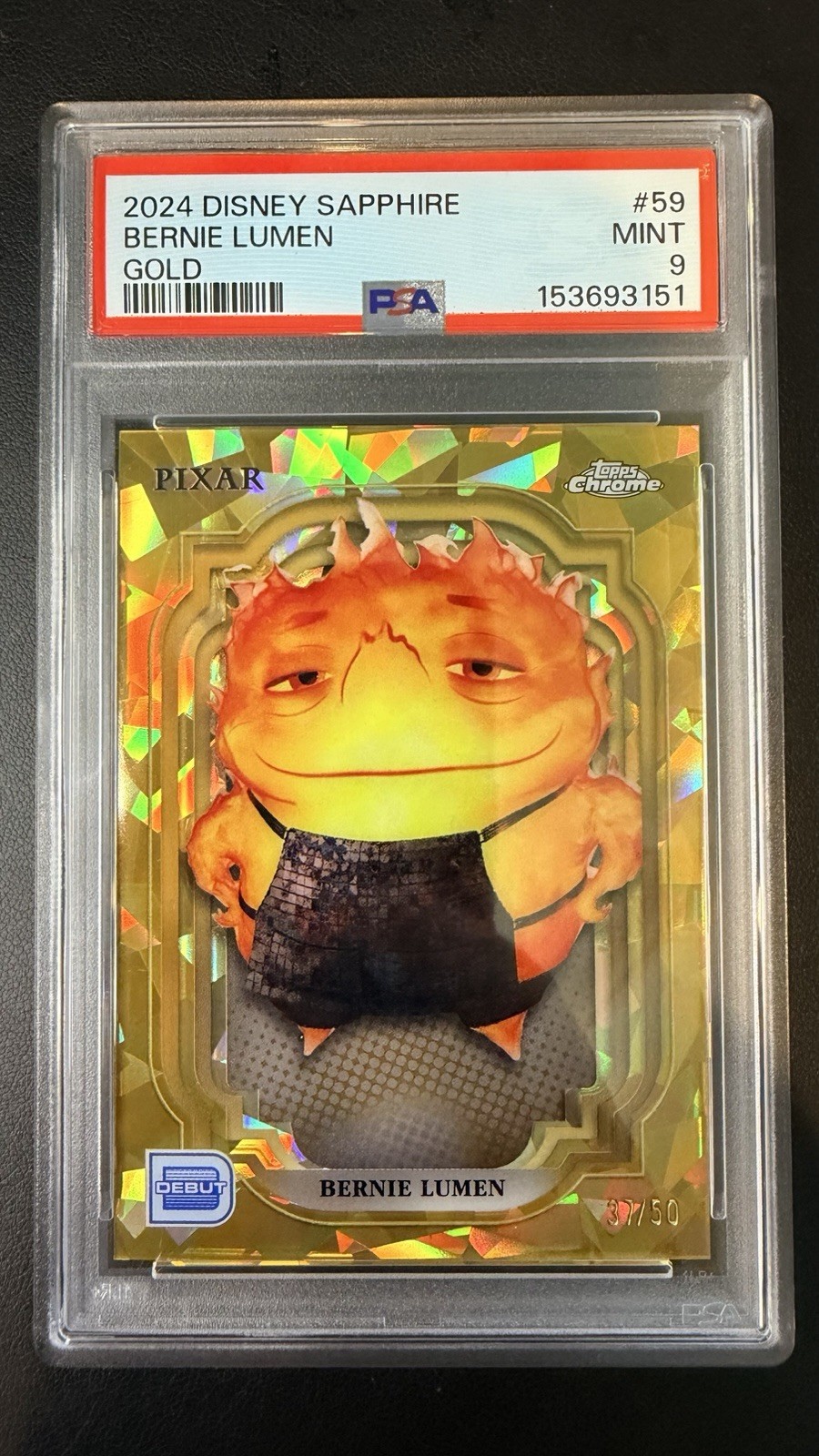 2024 Topps Chrome Disney Sapphire Bernie Lumen Gold /50 Elemental psa 9
