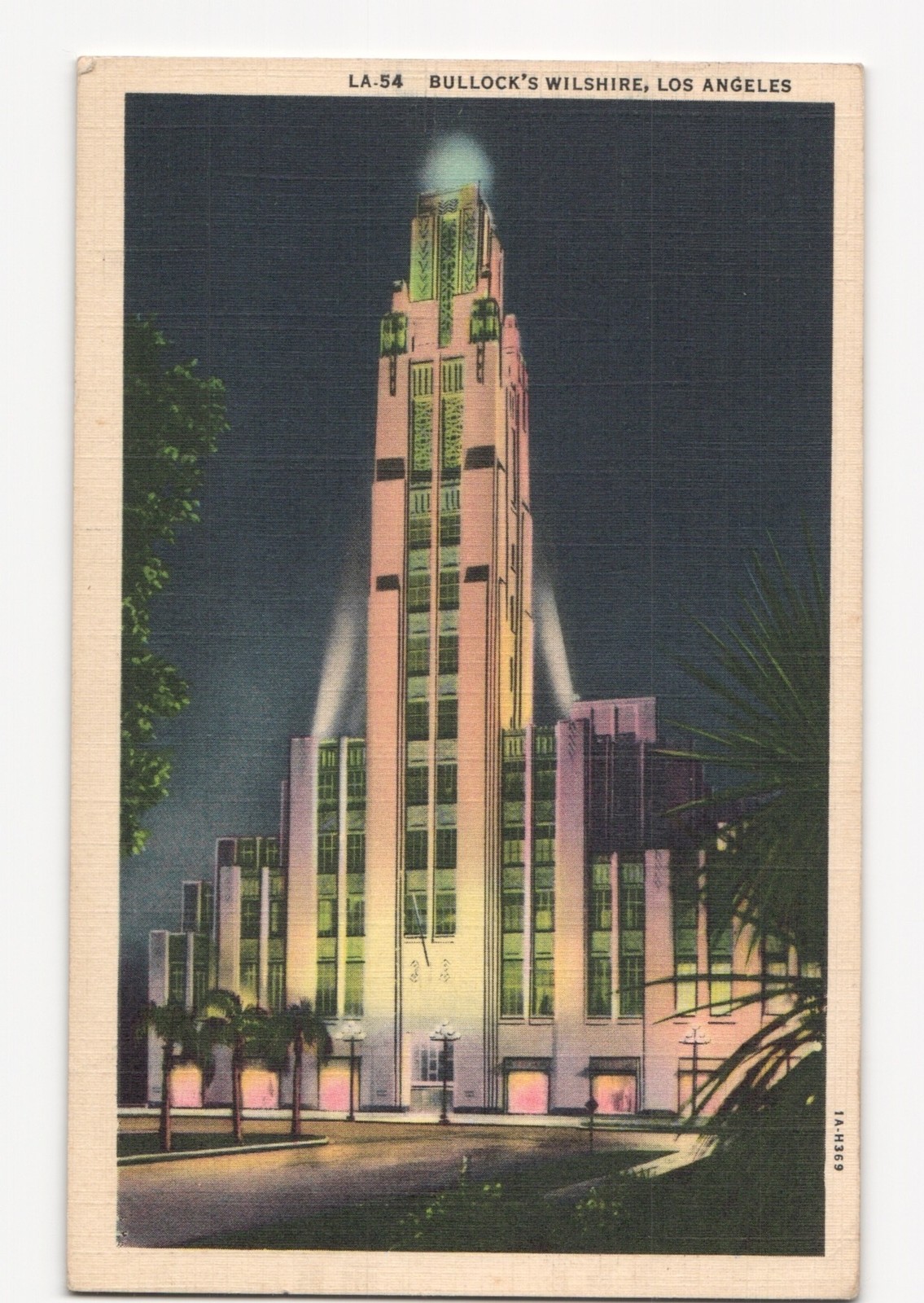Colourpicture 1938 Postcard Bullock\'s Wilshire Los Angeles Art Deco Night Scene