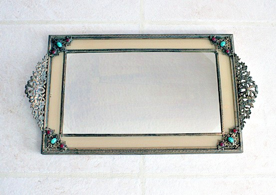 Antique 1930s JEWELED ORMOLU Hollywood Regency FILIGREE MIRROR Vanity or Wall