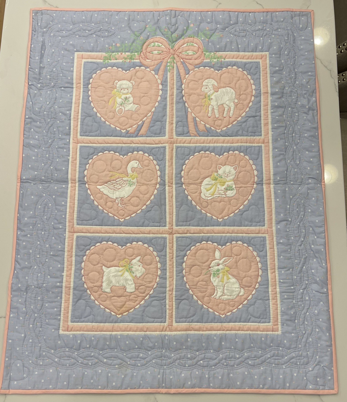 VTG 90s Signed Crib Quilt Wall Hanging Pastel Animals by Mary Fassler 42.5 x 33
