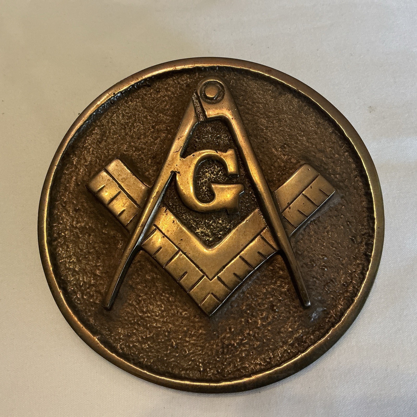 Vintage Solid Bronze 5 3/4 round Masonic Square & Compass Plaque 