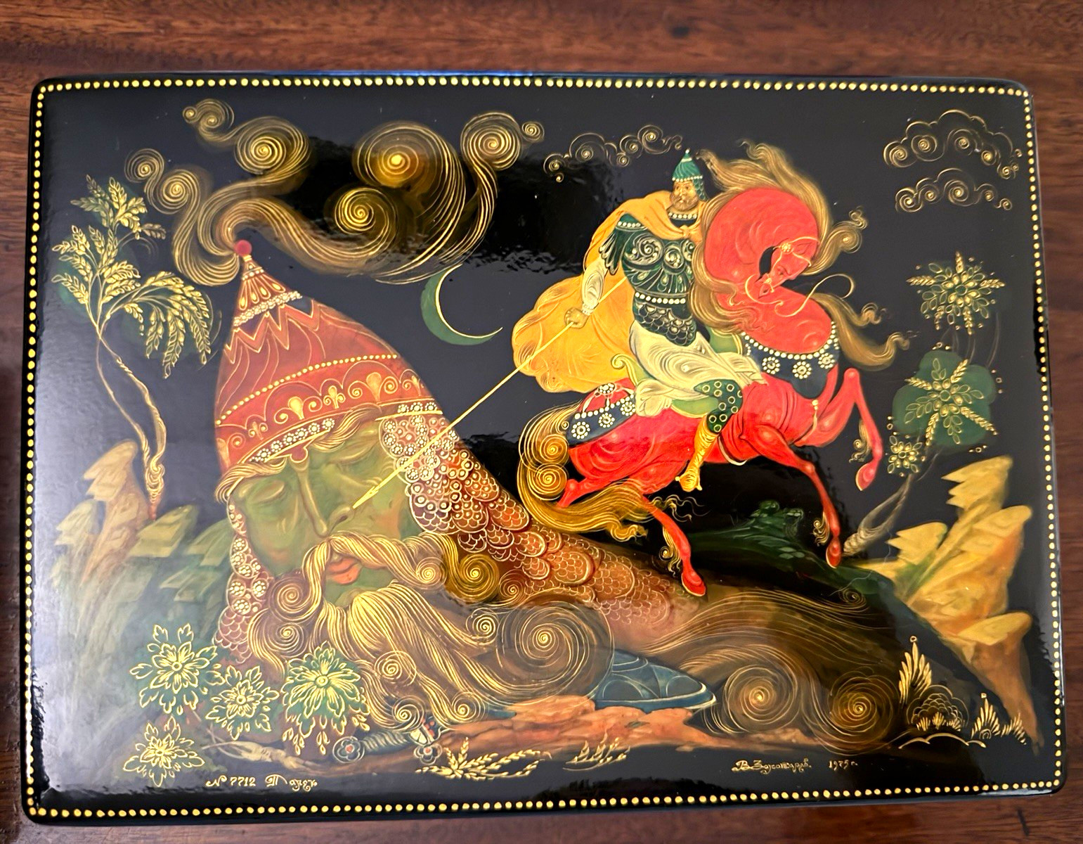Black Lacquer Hand-Painted Fairy Tale Rider Trinket Box, Made in USSR