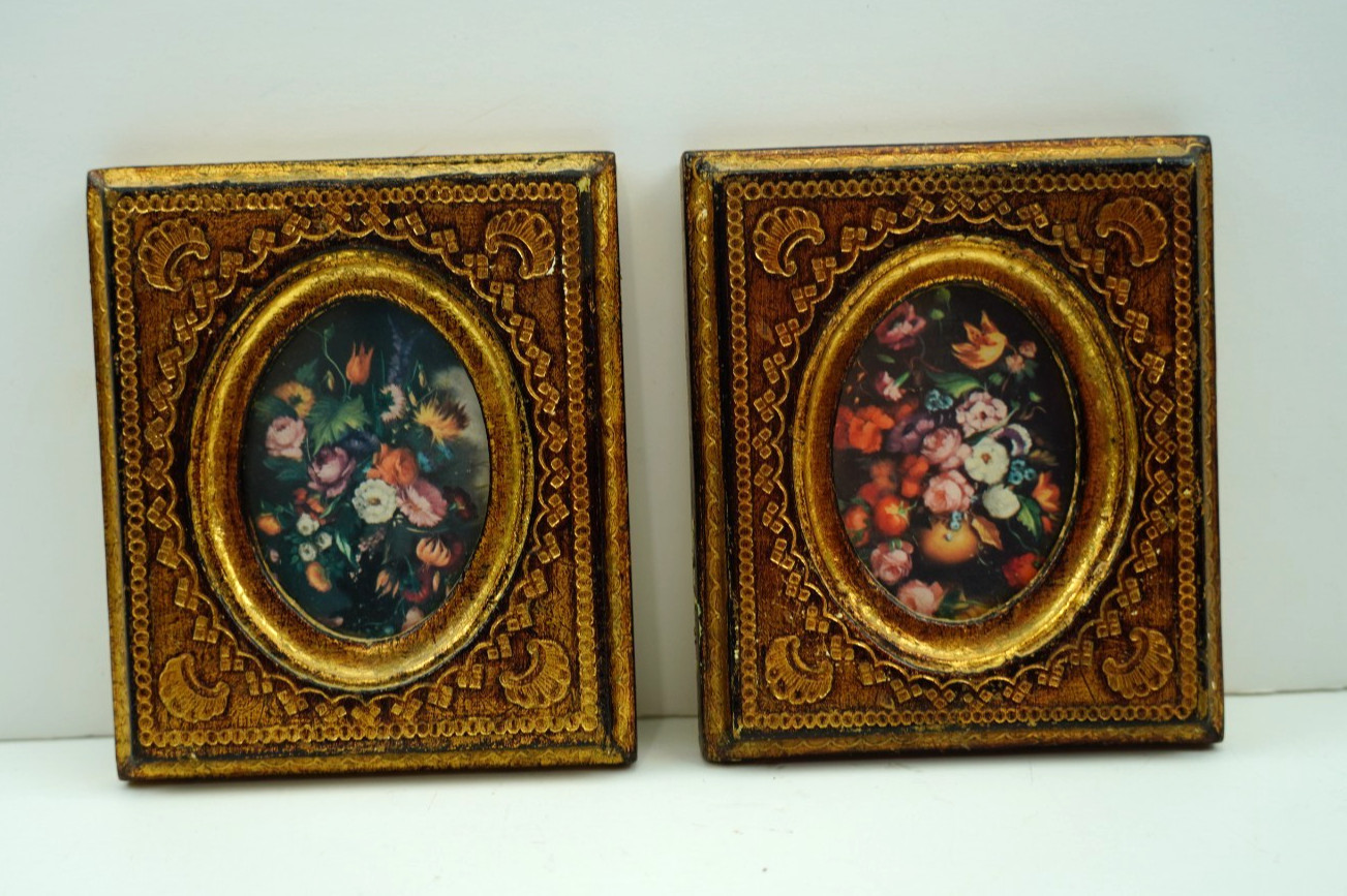 Vtg Italian Florentine Pair Floral Wall Plaques Gold Gilt Wood Art 5x4 Italy