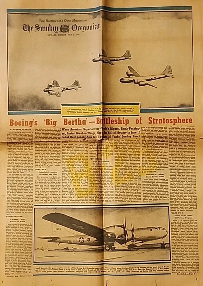 Front-Page Boeing B-29 Superfortress Bomber Sunday Oregonian July 1944 Ephemera
