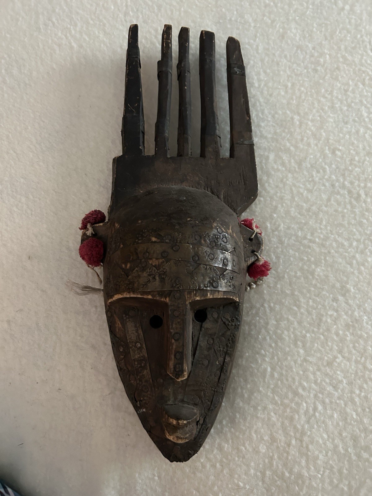 Vintage African Marka Mask Hand Carved Wood Brass Overlay Wall Hanging Art⁠