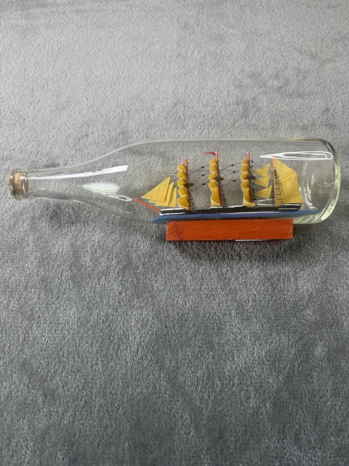 Vintage Handcrafted Ship in a Bottle – Nautical Folk Art Model with Stand