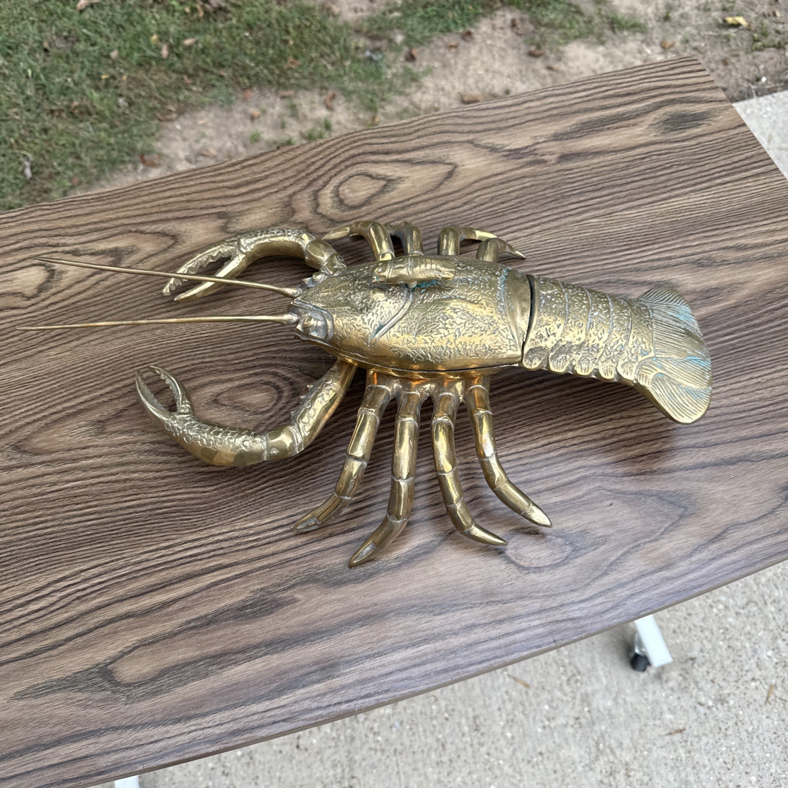 Large Antique Brass Lobster Figurine with Hidden Storage Box Nautical Decor VTG