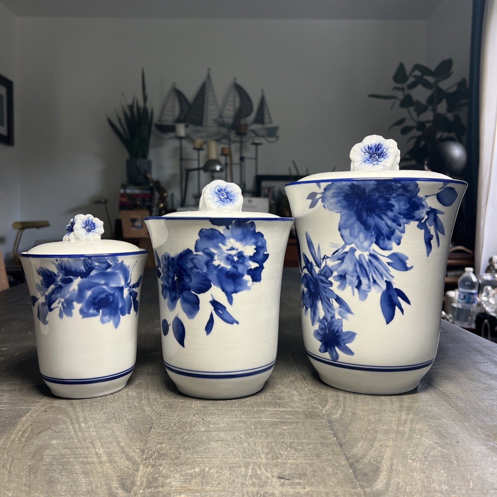Cracker Barrel Blue & White Peony Canister Porcelain Lids Chinoiserie Rare 3pc