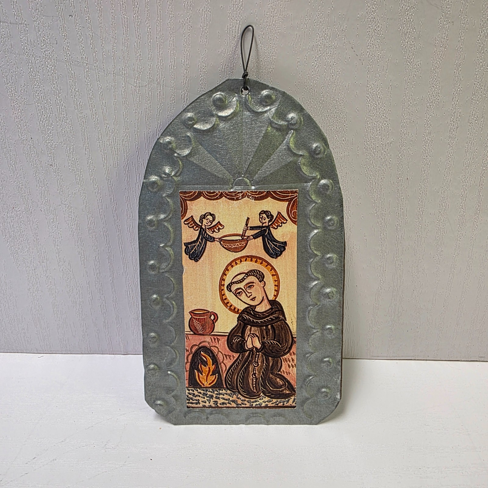 Vtg San Pascual Retablo Tin Wall Plaque Madrid New Mexico Folk Art Print 3x5\