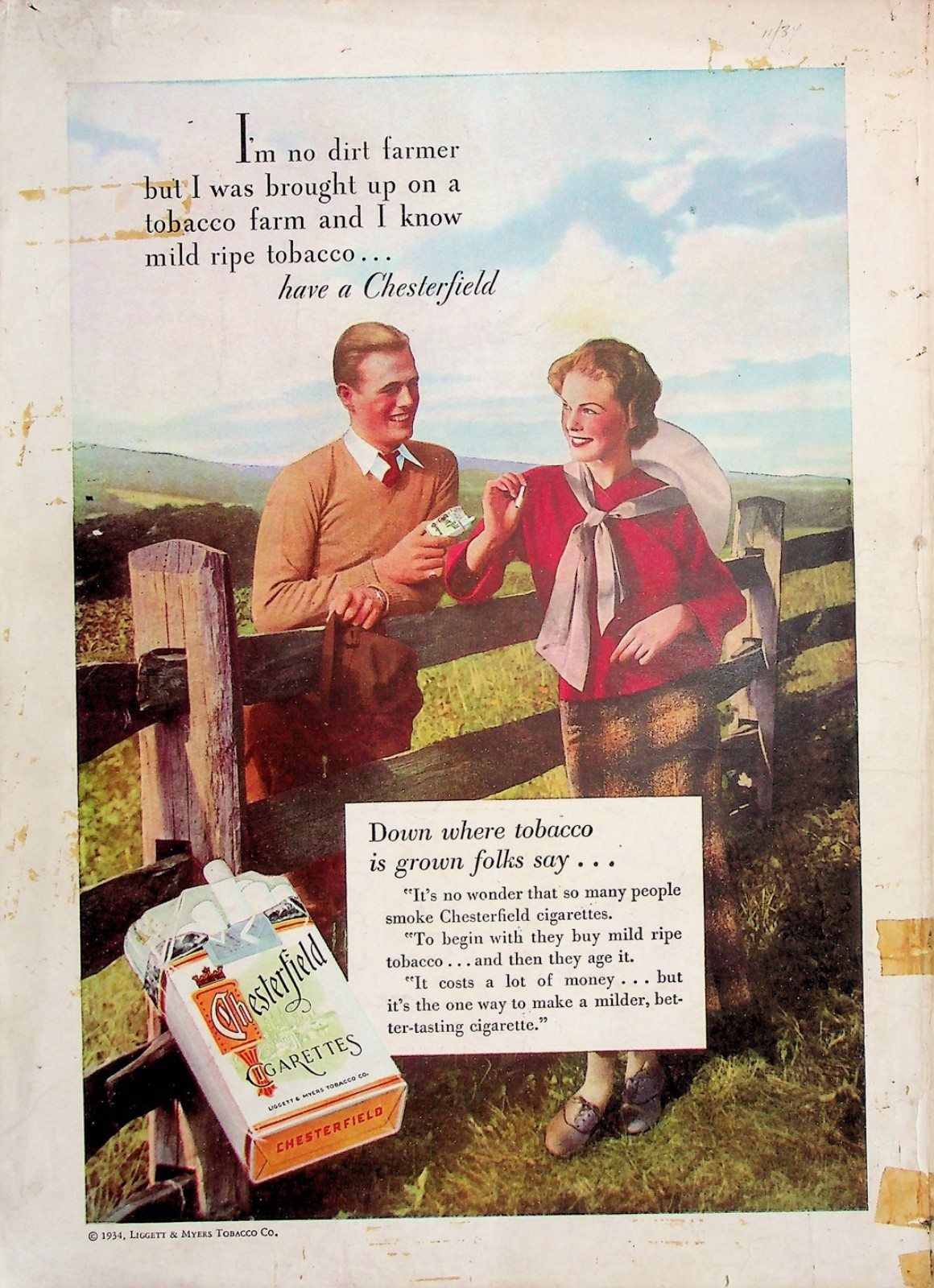 Original 1934 Vintage Chesterfield Ad: Man Politely Offering Chesterfield