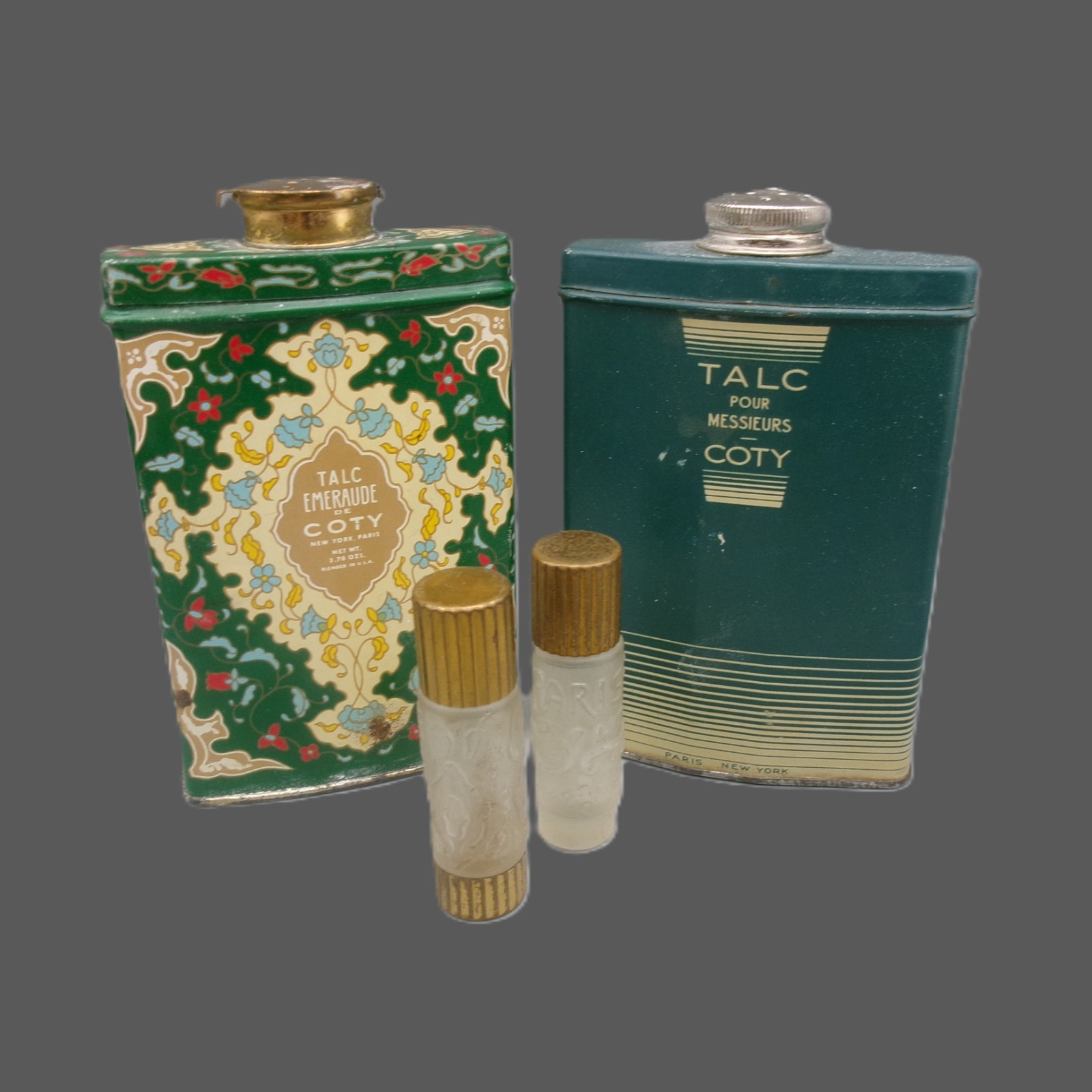 Vtg Coty Vanity Lot: Emeraude & Pour Messieurs Talc Tins, Mini Perfume Bottles