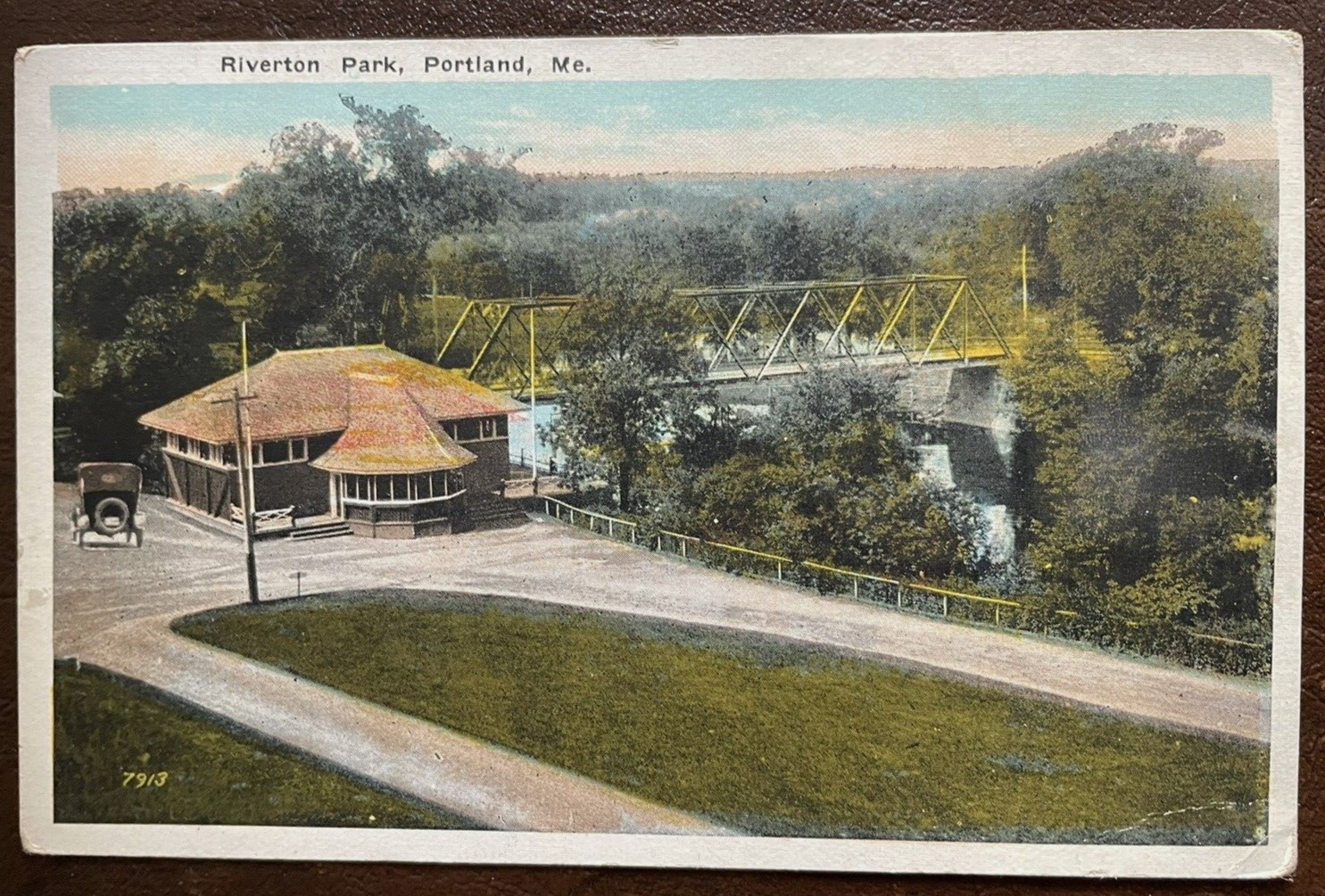Postcard Portland Maine Riverton Park and Bridge Vintage White Border