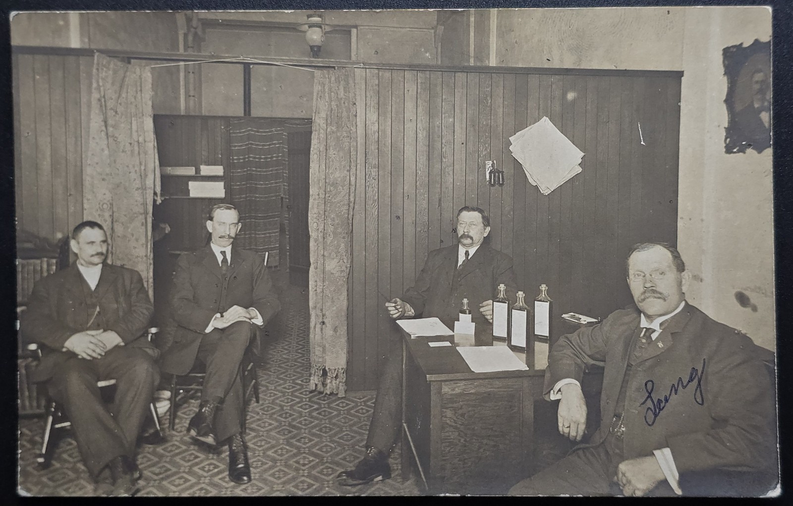 Antique RPPC Men in Office Interior Early 1900s Bottles Desk Scene AZO Back