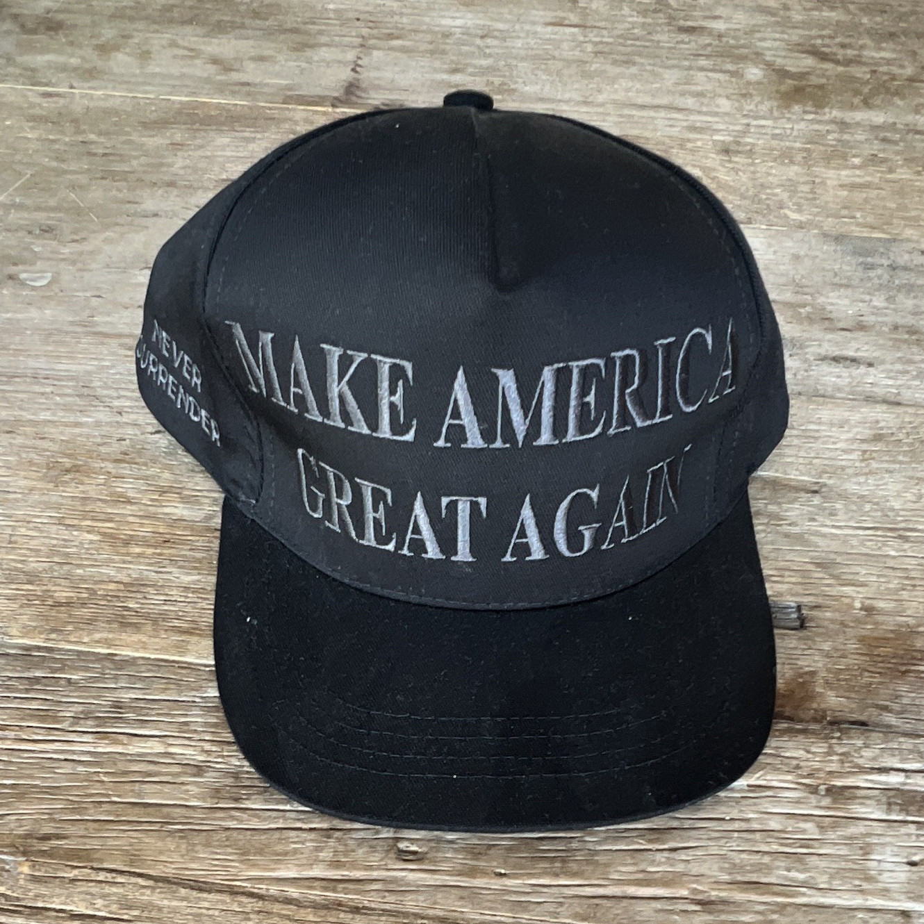 Make America Great Again Black Cotton Hat w/ Never Surrender, Trump 2016