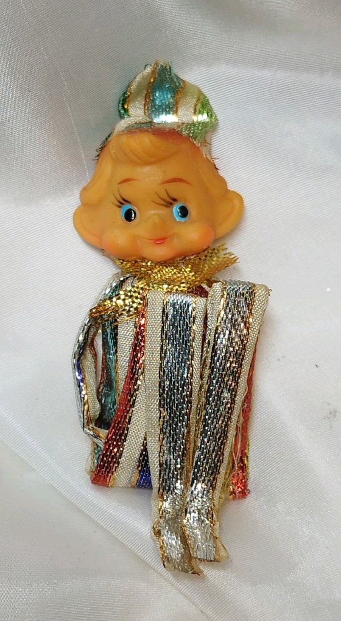 Vintage Christmas Knee Hugger Pixie Elf Metallic Gold Silver Lame Ornament 1960s